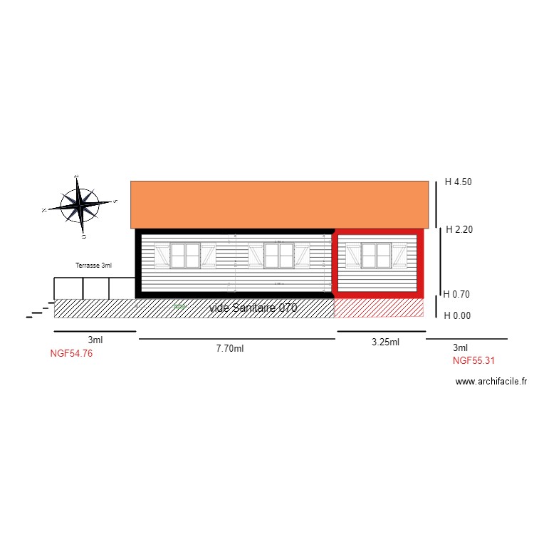 Facade OUEST   chalet 56. Plan de 5 pièces et 37 m2