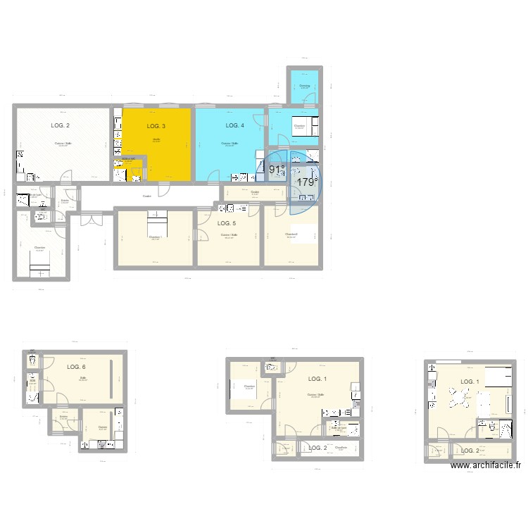 des meules. Plan de 31 pièces et 326 m2