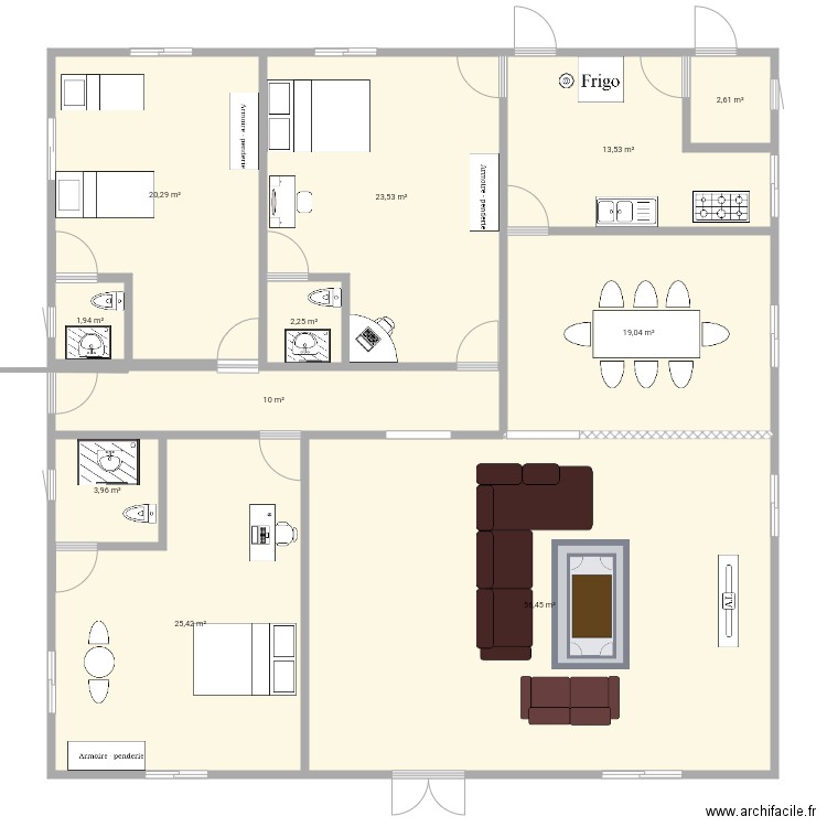 plan de 3 chambres salon avec salle à manger et cuisine . Plan de 11 pièces et 179 m2