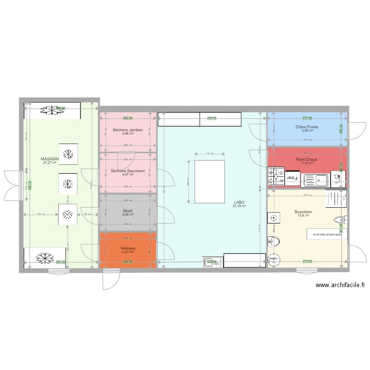 Magasin et labo V2. Plan de 9 pièces et 110 m2