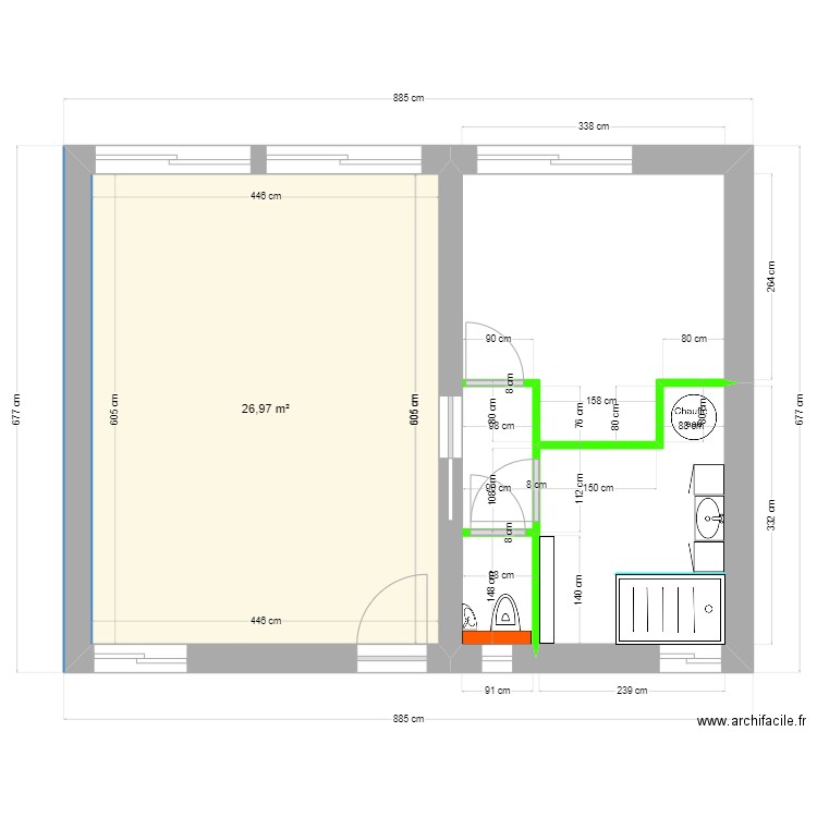 extension dalle 2 cloisons portes sdb. Plan de 1 pièce et 27 m2