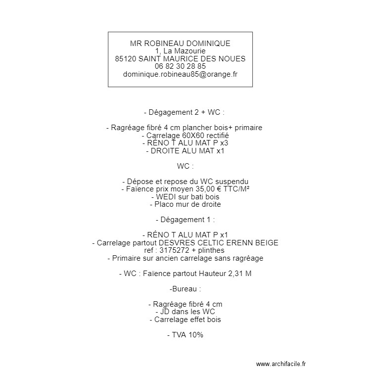 FICHE DEVIS ROBINEAU. Plan de 0 pièce et 0 m2