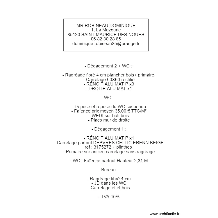 FICHE DEVIS ROBINEAU. Plan de 