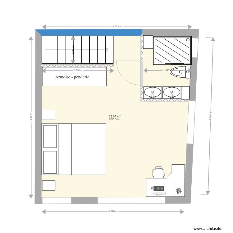 Chambre 1er étage. Plan de 1 pièce et 22 m2