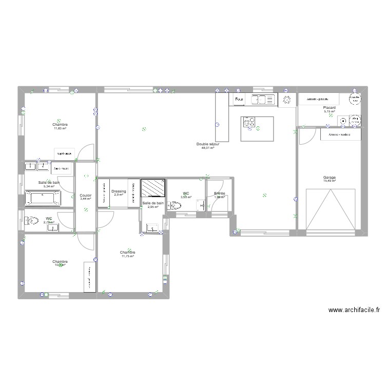 Maison 3 prises. Plan de 13 pièces et 125 m2