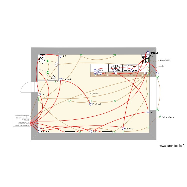 Plan électrique FoxWood RdC. Plan de 1 pièce et 51 m2