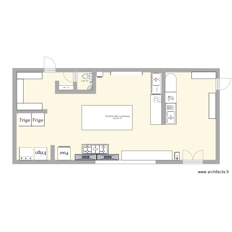 Cuisine GL 80m². Plan de 2 pièces et 82 m2