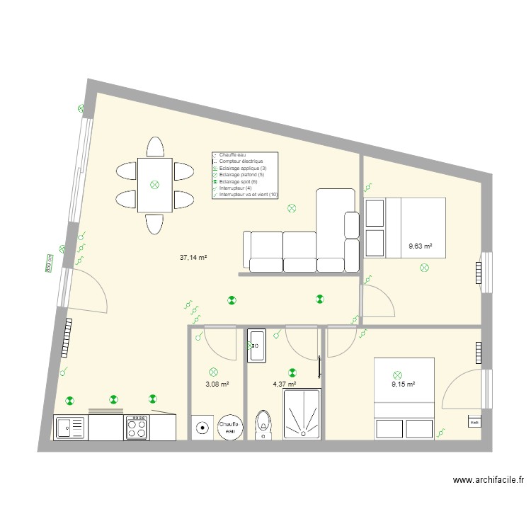 seb maison 4 elec lumiere. Plan de 5 pièces et 63 m2