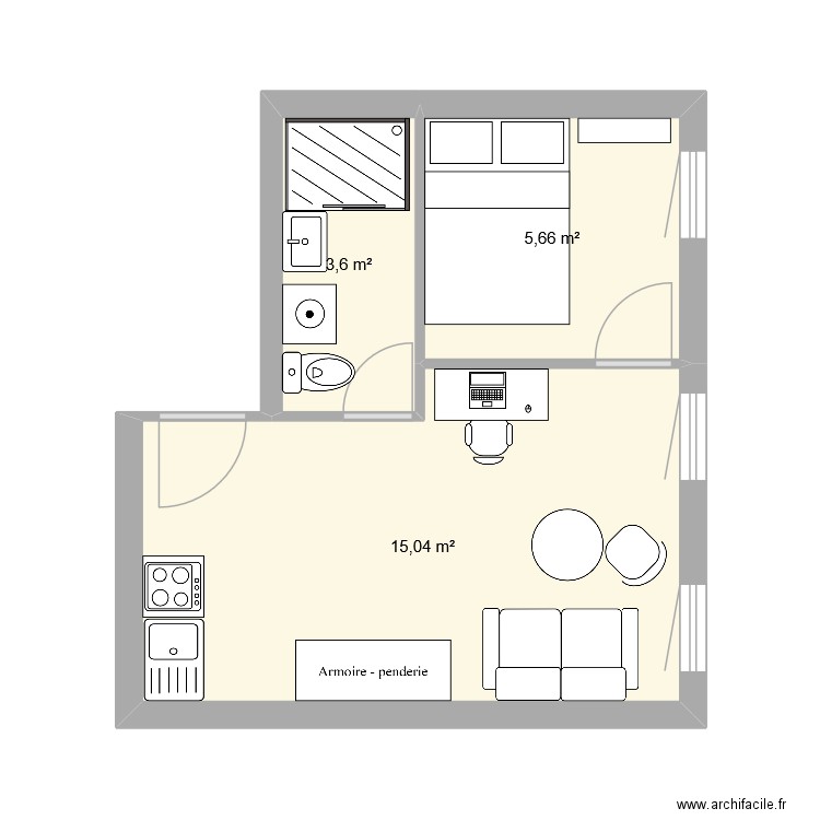 Studio r d'alsace. Plan de 3 pièces et 24 m2