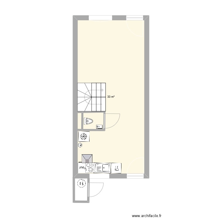 RDC Grand fort. Plan de 1 pièce et 33 m2