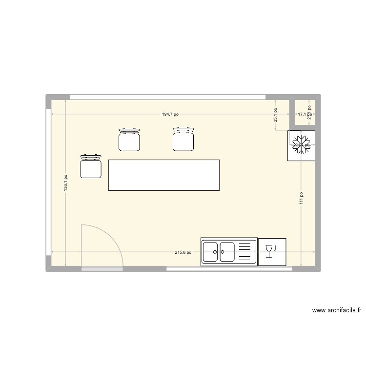 Cuisine sophie. Plan de 2 pièces et 19 m2