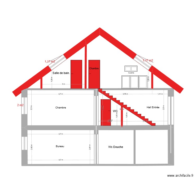 Façade EST vue en coupe 04.12.2025. Plan de 6 pièces et 59 m2