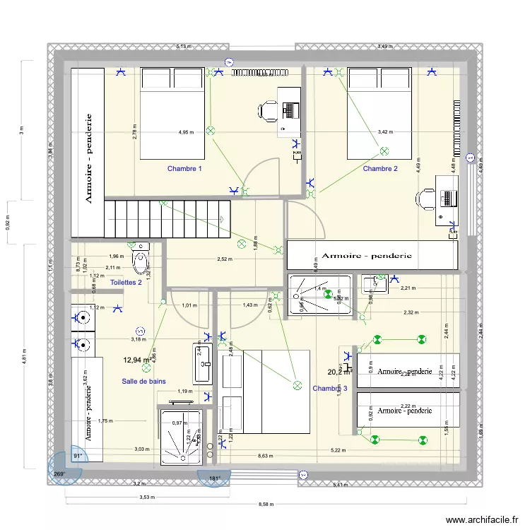 2e &eacute;tage d&eacute;finitif grande chambre. Plan de 6  et 68 m²