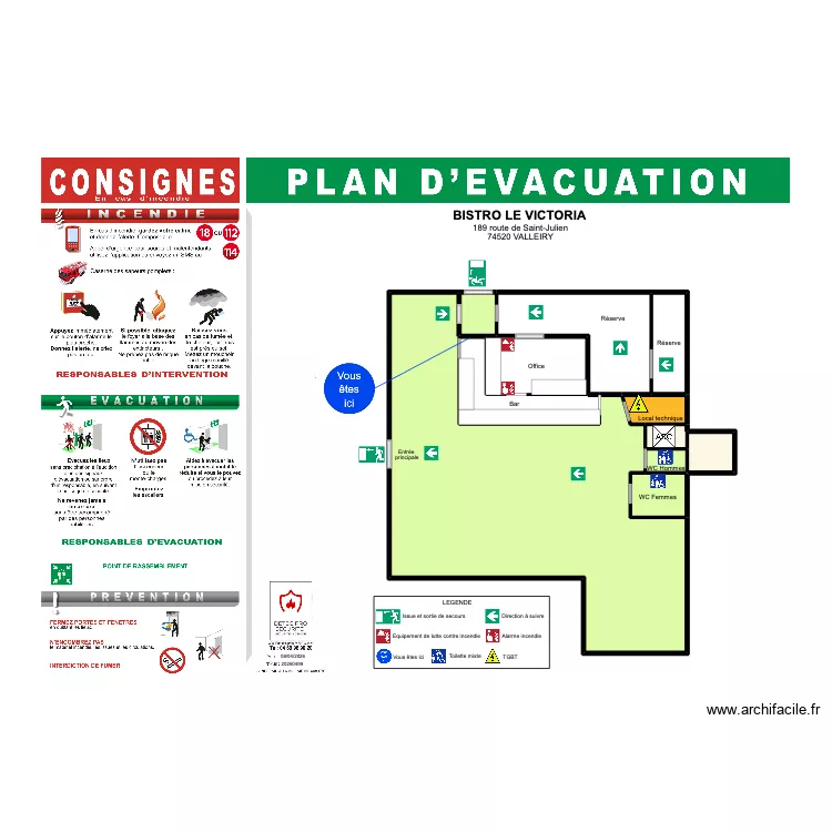 Plan d'&eacute;vacuation BISTRO VICTORIA. Plan de 11  et 97 m²