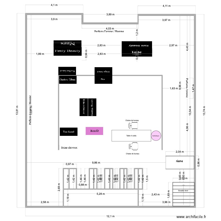 plan du magasin Sephora. Plan de 12 pièces et 158 m2