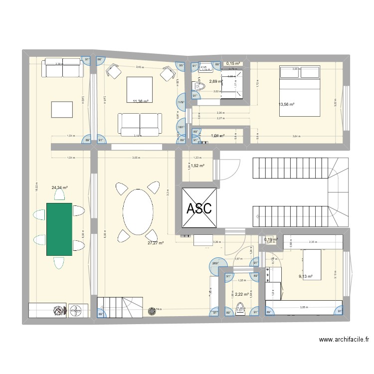 Pierrot2. Plan de 11 pièces et 94 m2