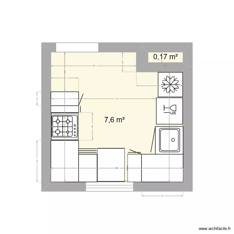 Cuisine Froideconche. Plan de 2  et 8 m²