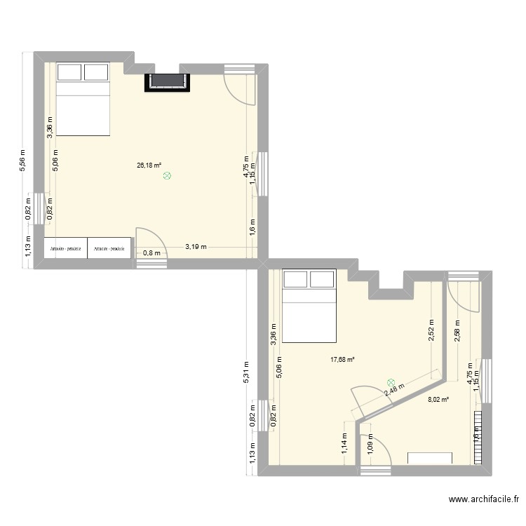 chambre. Plan de 3 pièces et 52 m2