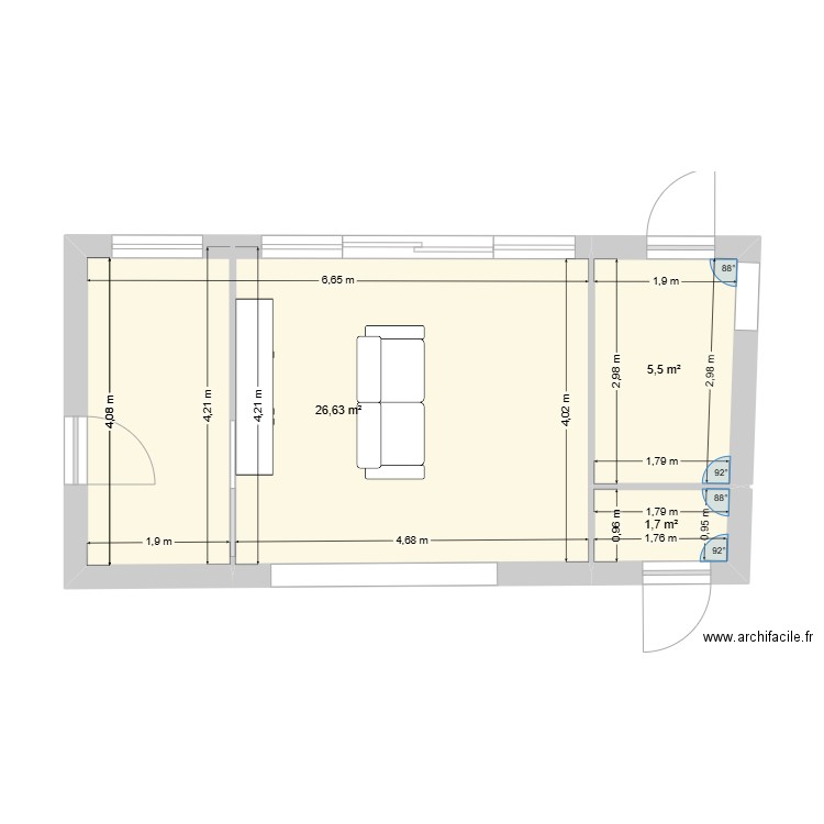 Agrandissement. Plan de 3 pièces et 34 m2