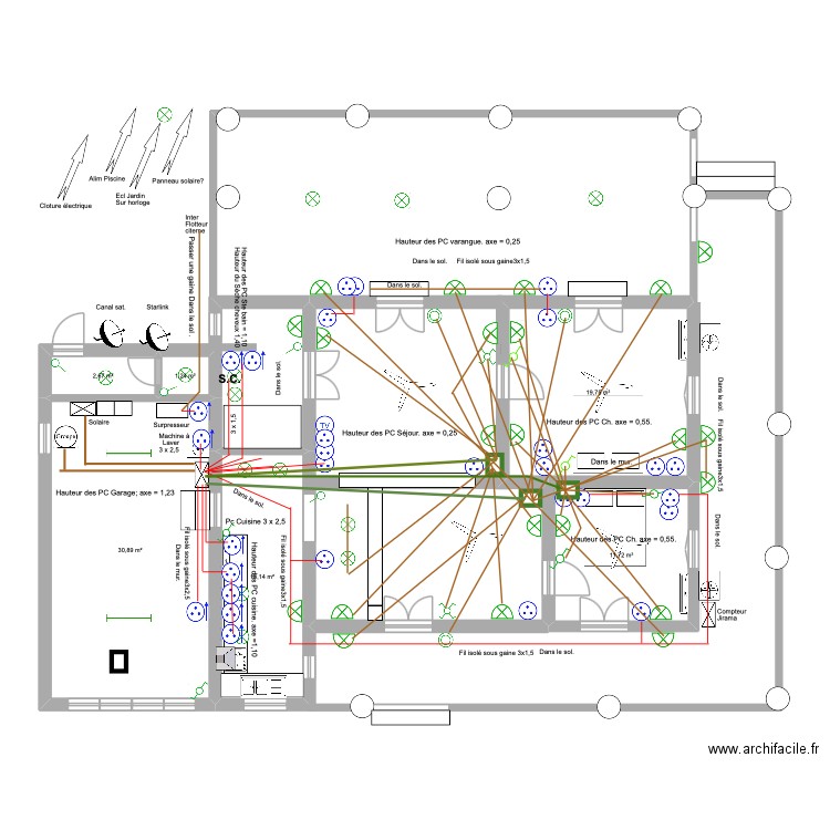 Maison Diégo. Electricité. PC éclairage ext. Plan de 6 pièces et 79 m2