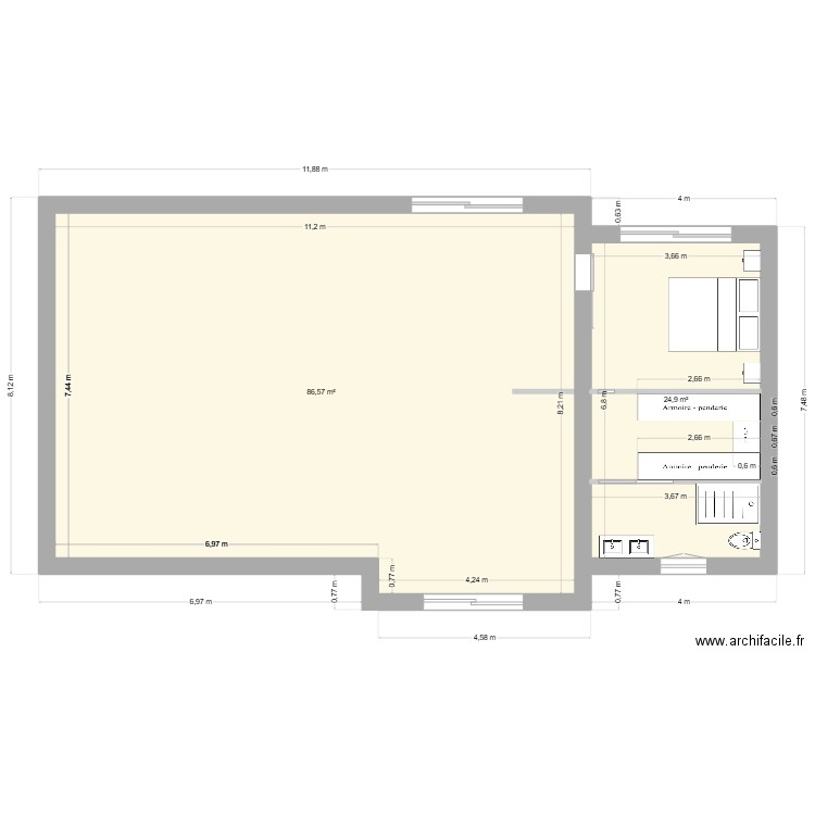 4 chambre V3. Plan de 2 pièces et 111 m2