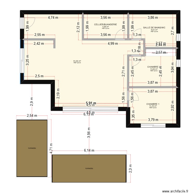 plan double L3. Plan de 5 pièces et 90 m2
