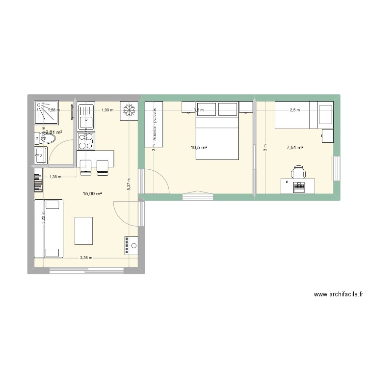 Projet 1 dalle existante + chambre bis. Plan de 4 pièces et 36 m2