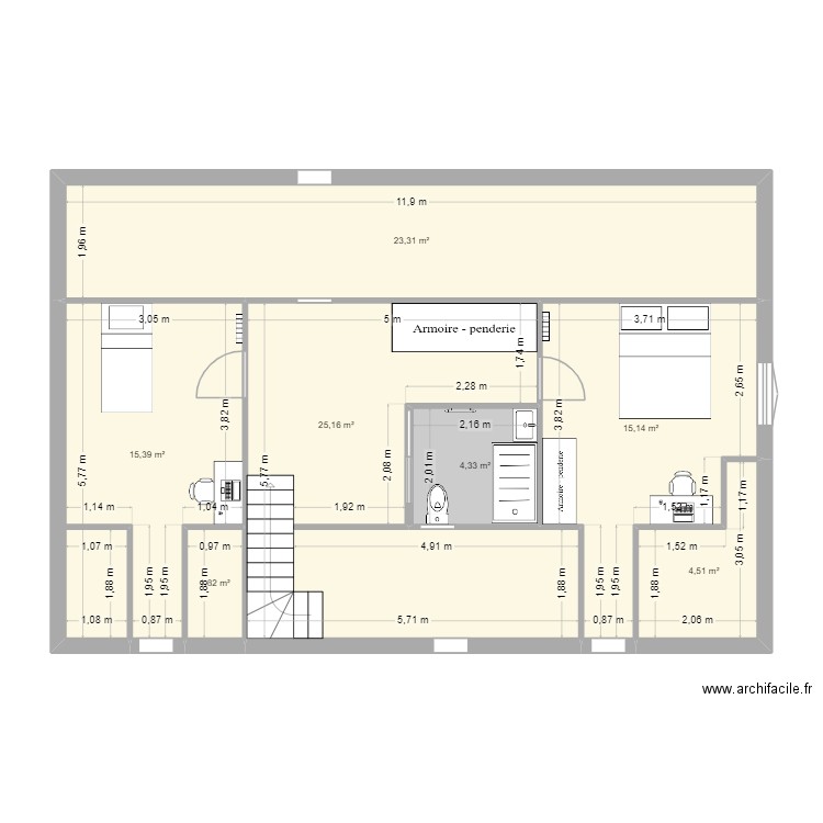 Etage_amenage. Plan de 7 pièces et 90 m2