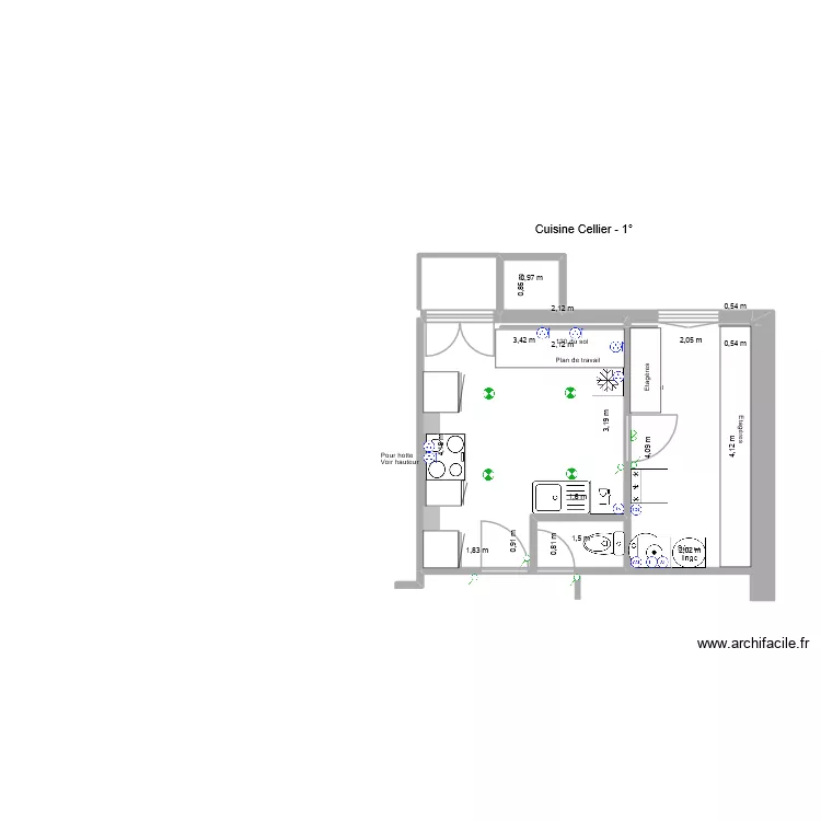 Cuisine-Cellier - 1°. Plan de 5 et 23 m² Cuisine-Cellier - 1°. Plan de 5 et 23 m²