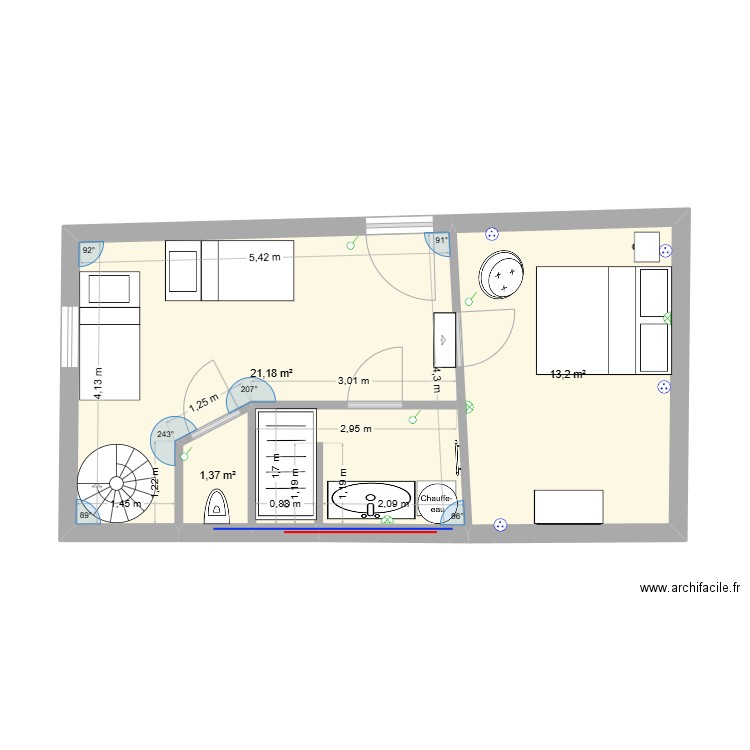 Chambre 1. Plan de 3 pièces et 36 m2