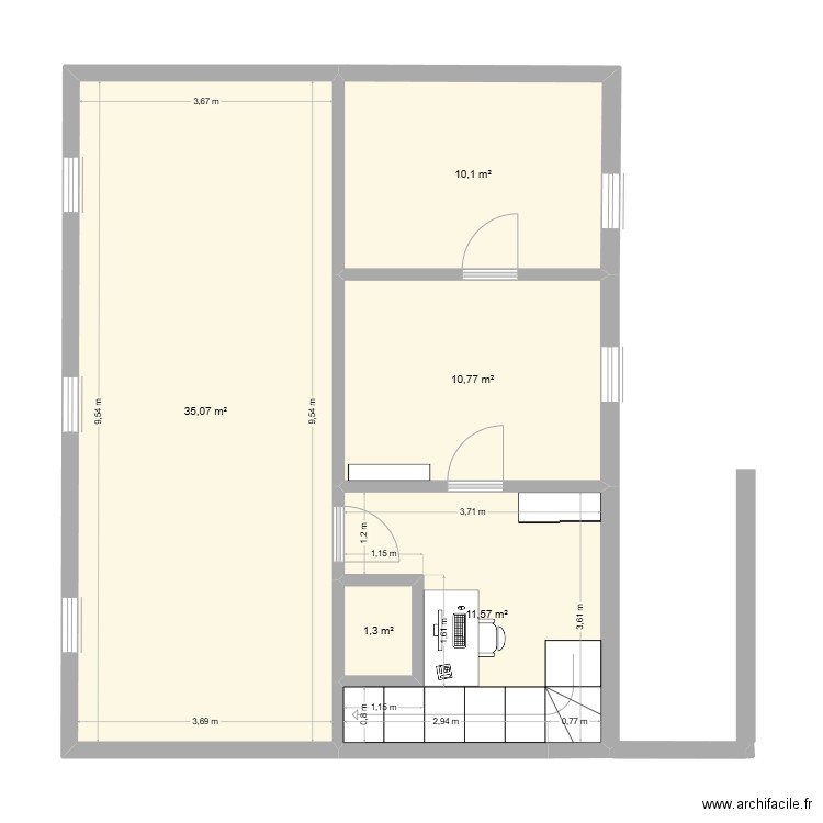 bas etage. Plan de 5 pièces et 69 m2