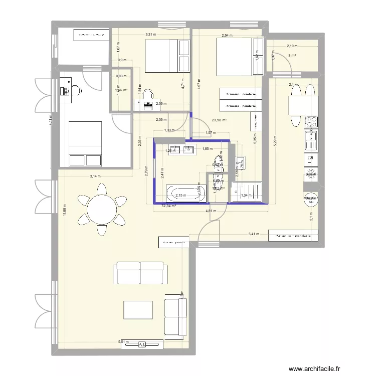 Appart Gounon. Plan de 5 pièces et 102 m²