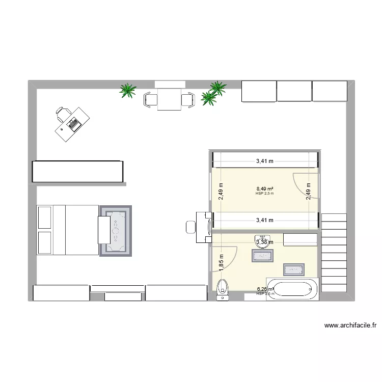 Combles Chambre et salle de bains. Plan de 2  et 15 m²