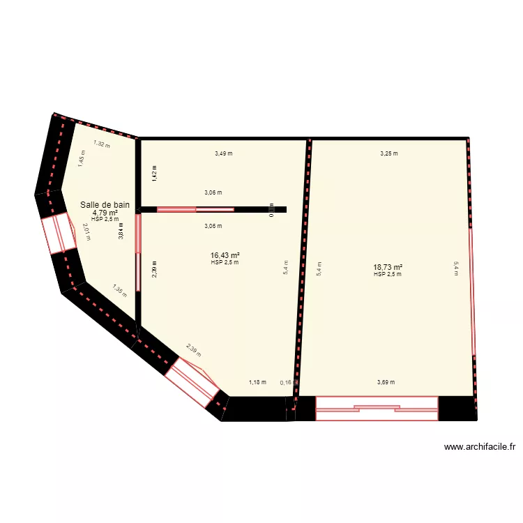 plan extension vide 01. Plan de 3 pièces et 40 m²