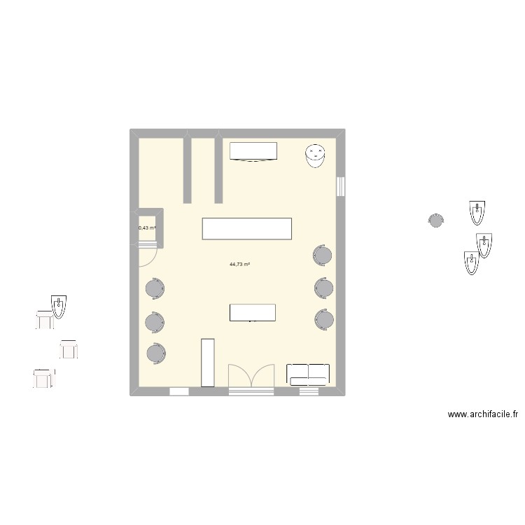 salon de coiffure. Plan de 2 pièces et 45 m2