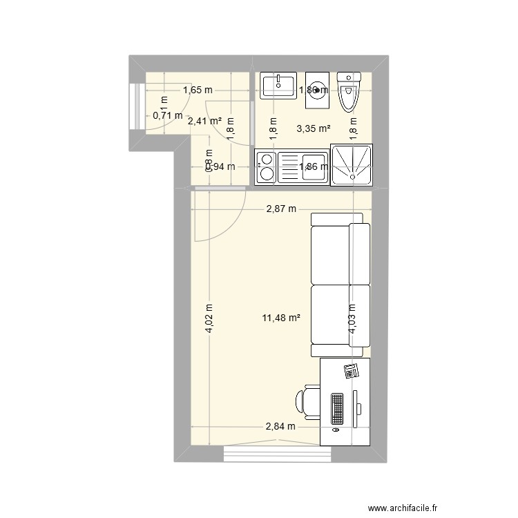 STUDIO. Plan de 3 pièces et 17 m2