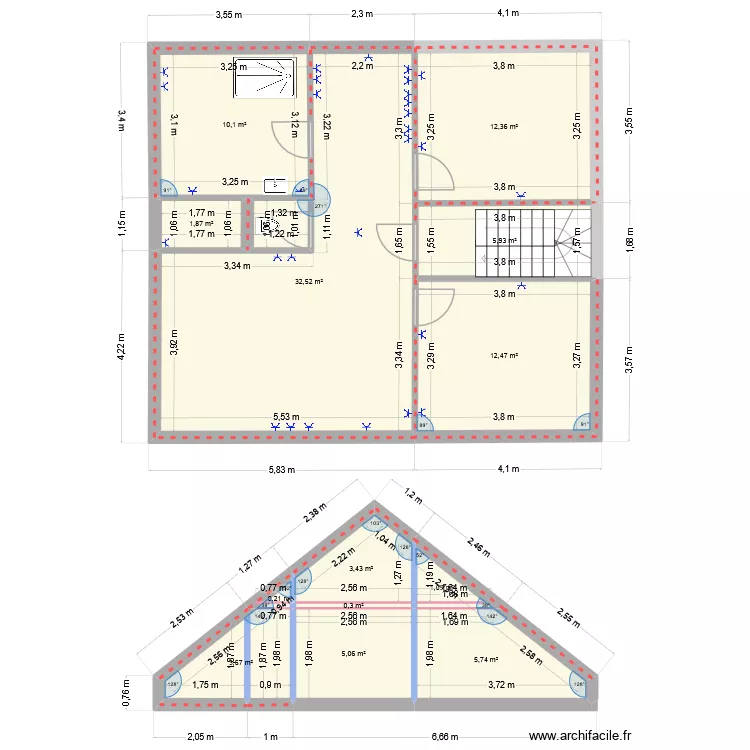 combles_sans ame. Plan de 13  et 95 m²