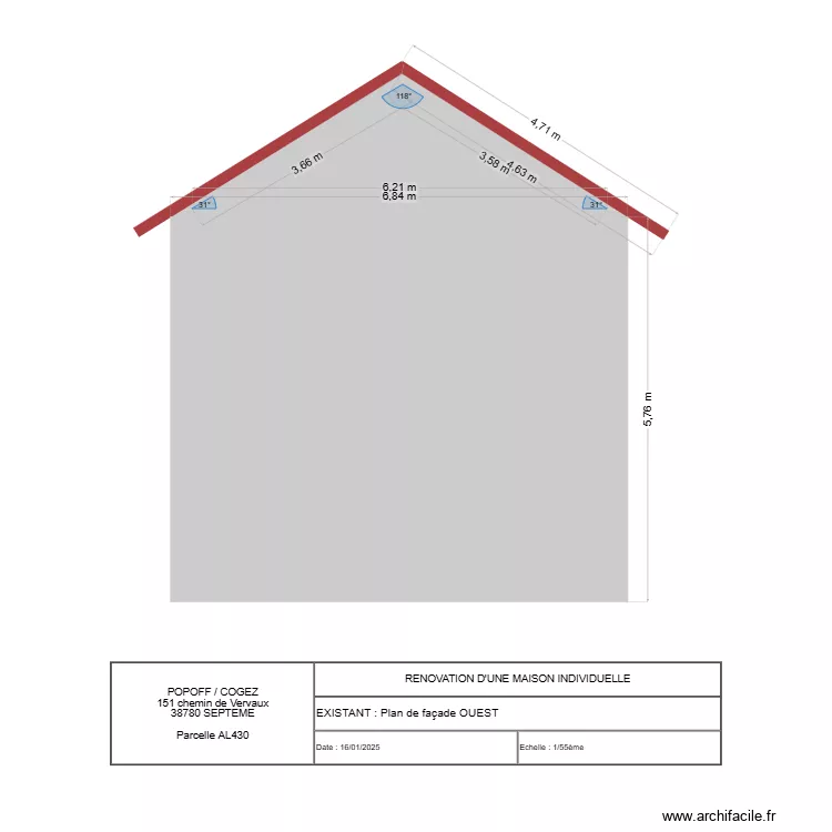 FACADE OUEST existant. Plan de 1 pièce et 6 m²