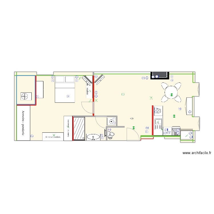 côté cuisine entrée. Plan de 12 pièces et 57 m2