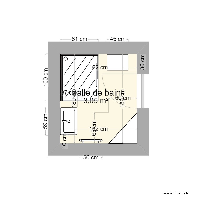 SDB Nantes. Plan de 1 pièce et 3 m2
