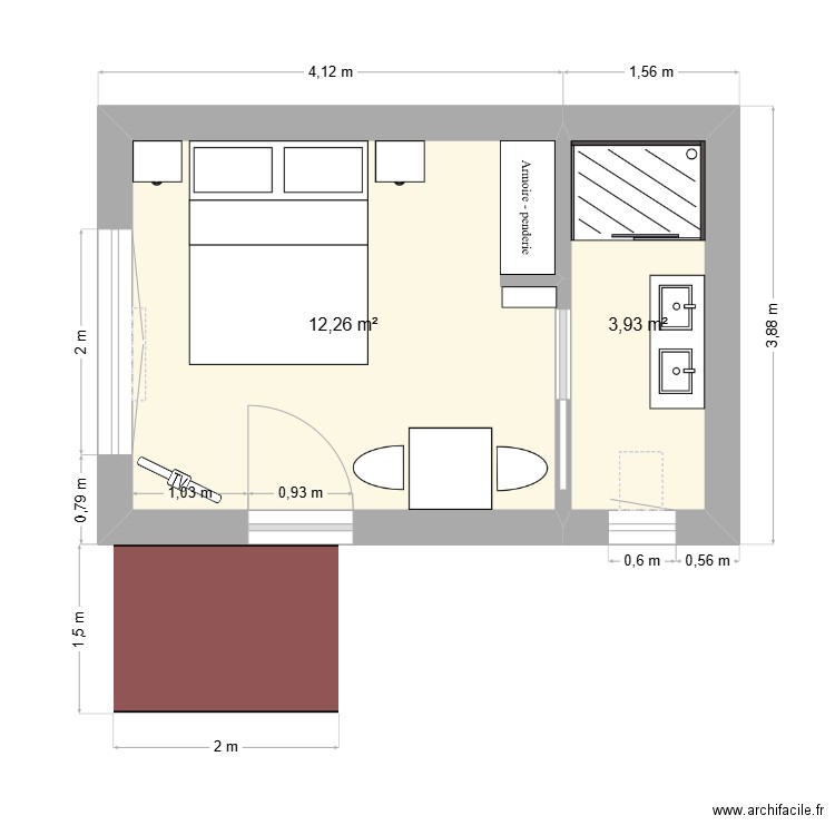 Studio jardin. Plan de 2 pièces et 16 m2