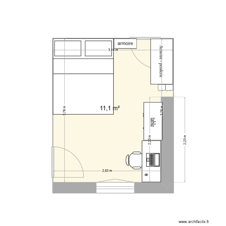 chambre actuelle. Plan de 1 pièce et 11 m2