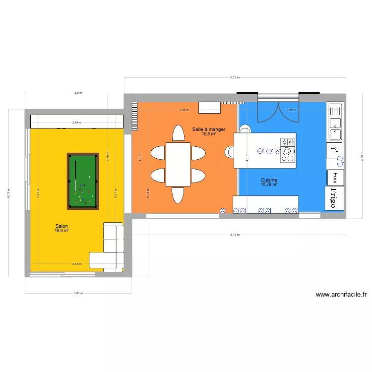 Cuisine et V&eacute;randa. Plan de 3  et 51 m²
