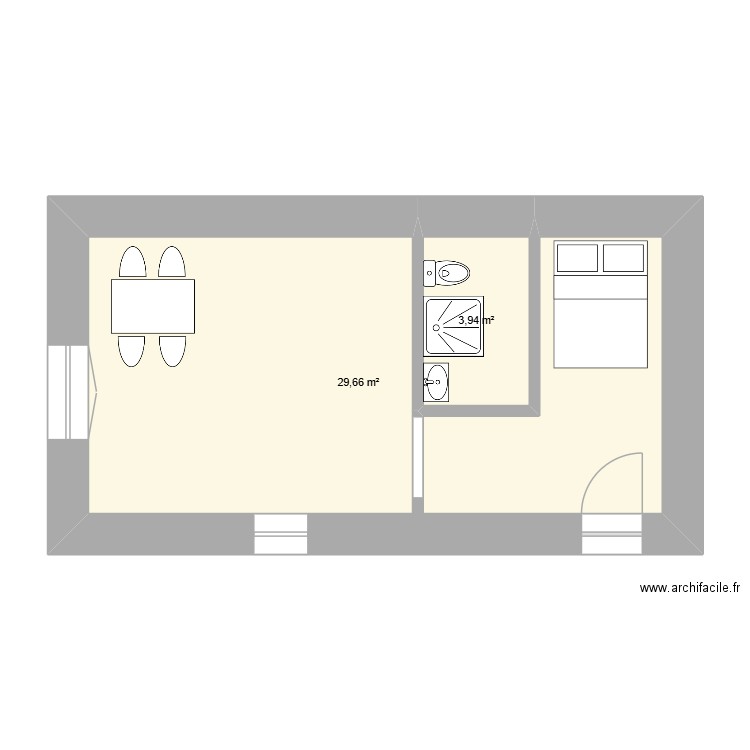 Studio. Plan de 2 pièces et 34 m2
