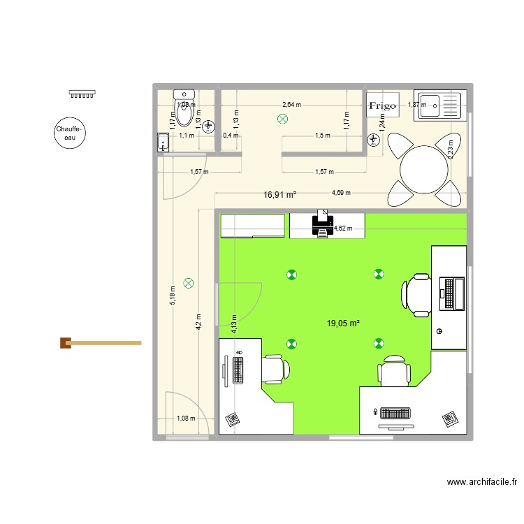 bureau 2. Plan de 2 pièces et 36 m2