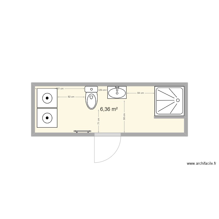 sdb bas seb . Plan de 1 pièce et 6 m2
