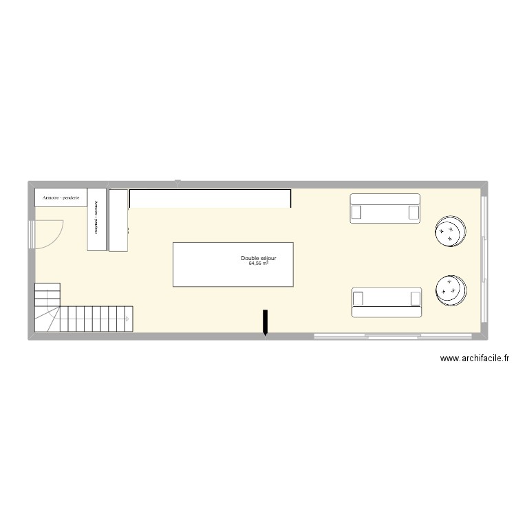 rdj. Plan de 1 pièce et 65 m2