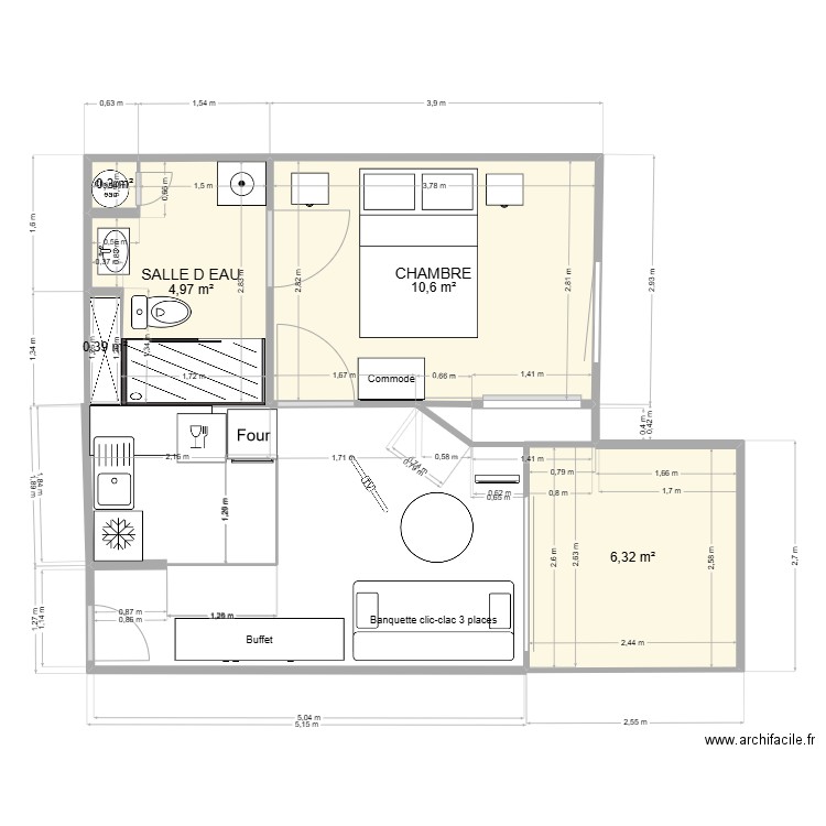 plan pièce de vie. Plan de 5 pièces et 23 m2