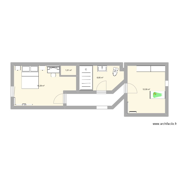 Chambre. Plan de 4 pièces et 34 m2