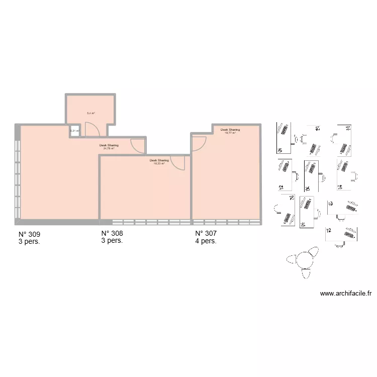 Desk_Sharing. Plan de 5  et 69 m²